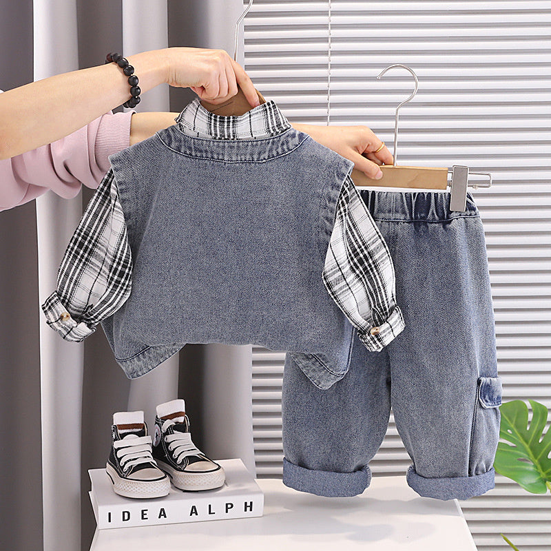 Boys' and Autumn Outfit 2026 New Fashionable Children's Spring Clothing Baby Trendy Denim Vest Three-Piece Set