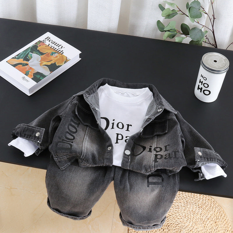 Boys' Letter Print Denim Suit Outfit 2026 New Trendy Children's Clothing Baby Spring and Autumn Fashionable Three-Piece Set
