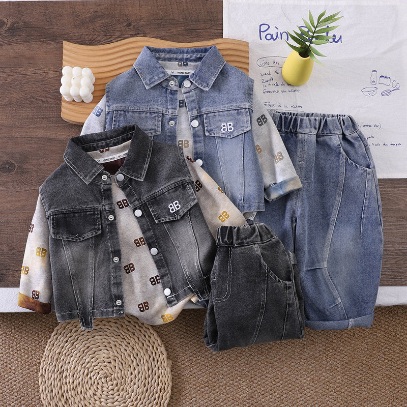 Boys' Outfit 2026 New Fashionable Children's Denim Vest Three-Piece Set Baby Spring and Autumn Casual Trend