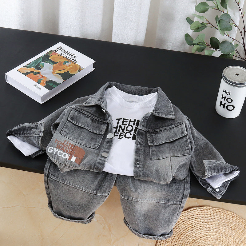 Children's for boys, 2026 outfit stylish baby spring and autumn denim long-sleeve three-piece set, infant clothing wholesale
