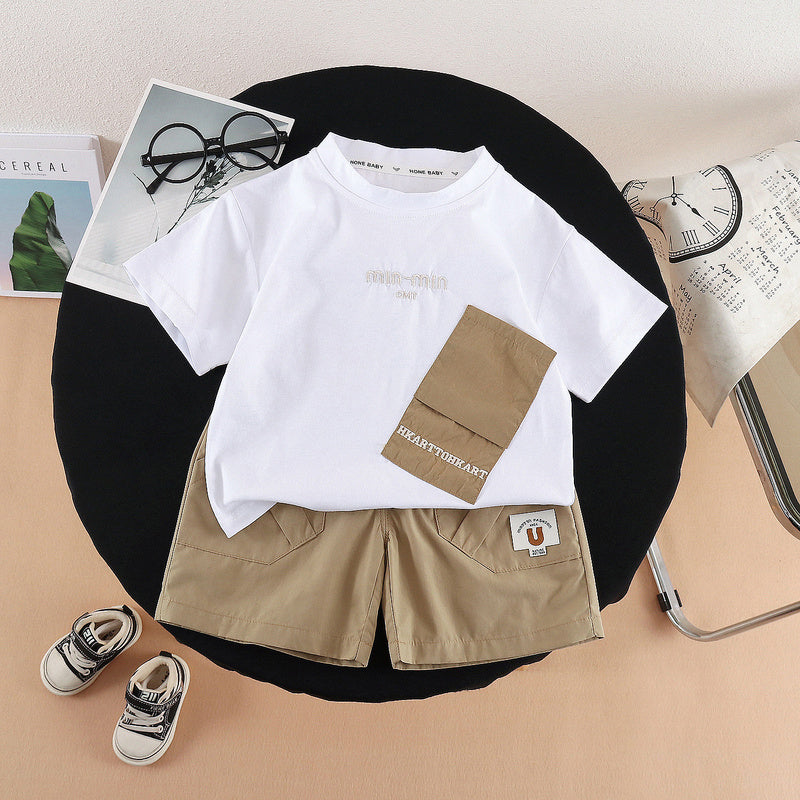 Boys' Summer Outfit 2026 New Fashionable Baby Toddler Casual Pocket Letter Print Short Sleeve Two-Piece Set Trendy