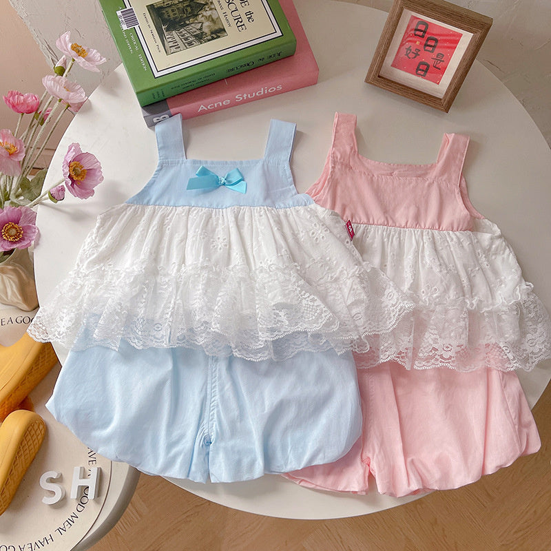 Girls' Sleeveless Square Neck Lace Dress Set 2026 New Style Baby Girl Clothes Children's Summer Two-Piece Outfit