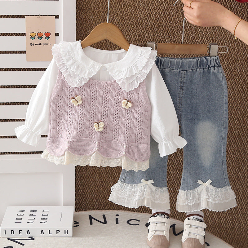 Baby Girl Spring and Autumn Outfit 2026 New Model 3-Piece Butterfly Sweater Set for 1-Year-Old Girls