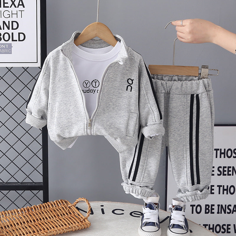 Boys' Summer Spring Outfit New 2026 Baby Clothing Stylish Solid Color Zipper Jacket Three-Piece Set Trendy Wholesale