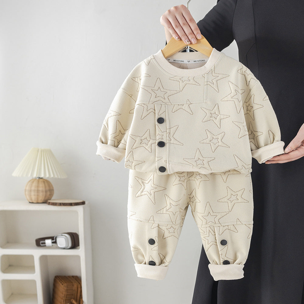 Boys' Outfit 2025 New Baby Children's Spring and Autumn Stylish Kids' Jacquard Round Neck Two-Piece Set