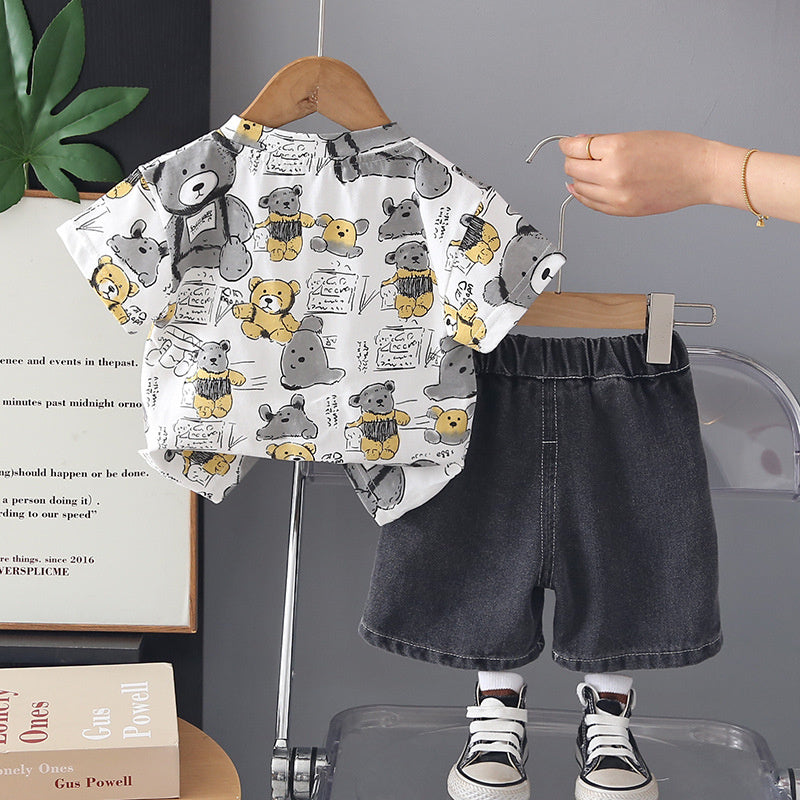 Boys' Outfit: Full-Print Bear Short-Sleeve Two-Piece Set, Baby Summer 2026 New Thin Fashionable Infant Trendy Clothing