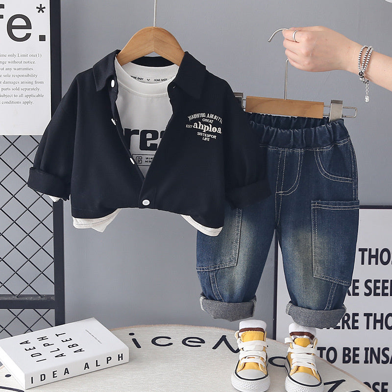 Baby boy outfit, boys' suit for ages 1-3, stylish toddler clothing, spring and autumn letter color block three-piece set