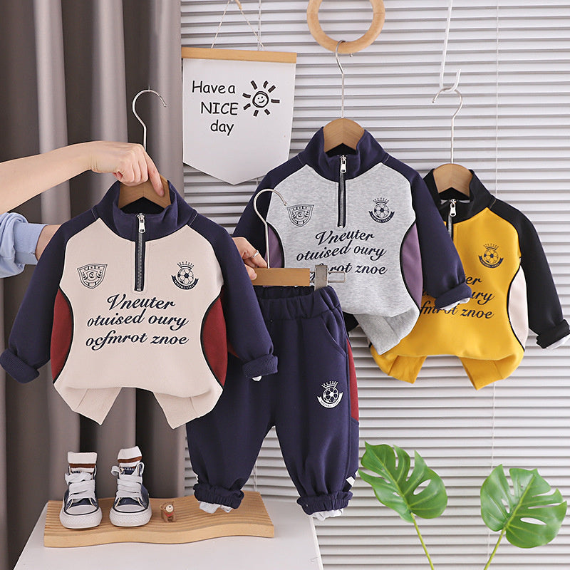 Boys' sweatshirt set spring and autumn 2026, new stylish children's half-zip long-sleeve clothing, Korean-style sportswear for toddlers