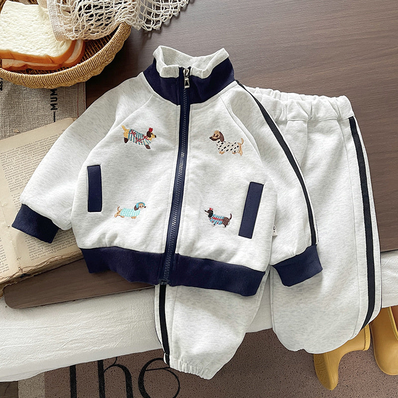 Boys' Stylish Outfit 2025 Spring and Autumn New Fashionable Baby Korean Style Cartoon Dog Patch Sports Two-Piece Set