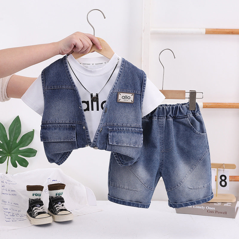 Boys' Short-Sleeve Outfit 2026 New Fashionable Children's Summer Letter Vest Three-Piece Set Baby Casual Trendy