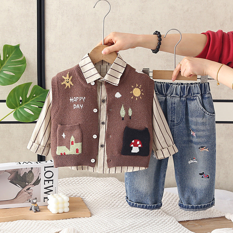 Boys' Spring Outfit 2026 New Fashionable Baby Children's Cartoon Little Sun Sweater Three-Piece Set
