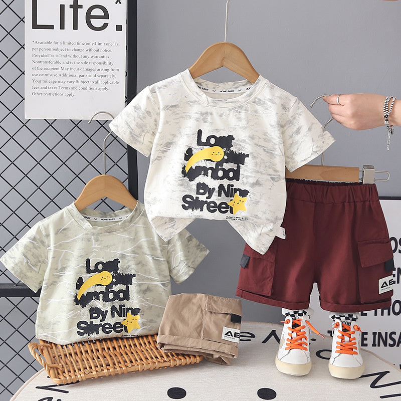 Boys' Letter Embroidered Short Sleeve Summer 2026 New Baby Round Neck Clothes Infant Children's Two-Piece Set
