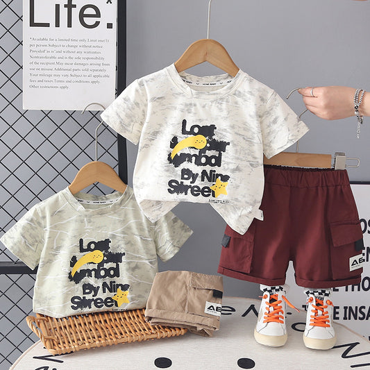 Boys' Letter Embroidered Short Sleeve Summer 2026 New Baby Round Neck Clothes Infant Children's Two-Piece Set
