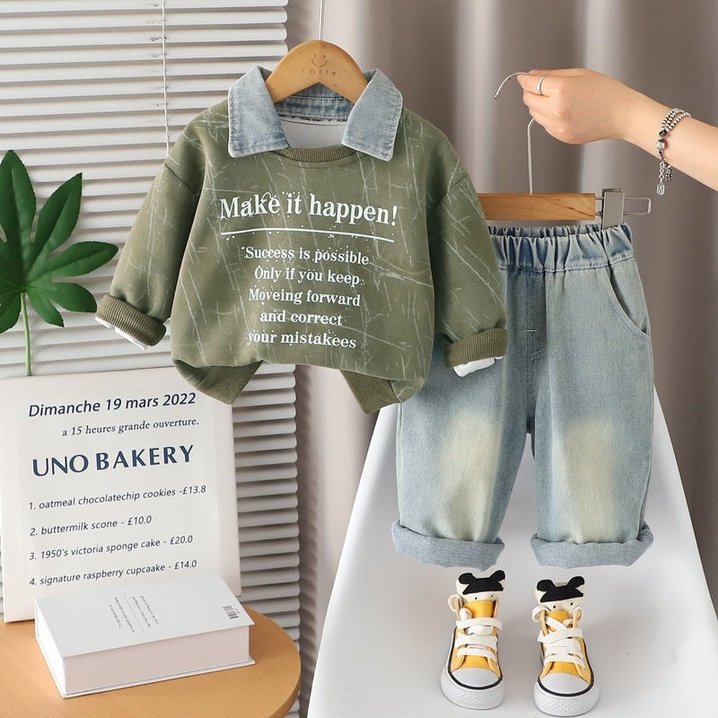 Boys' Suit 2025 New Fashionable Baby Spring and Autumn Korean Style Round Neck Sweatshirt Two-Piece Set