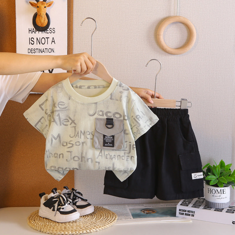 Boys' Summer Outfit 2026 New Korean Style Short Sleeve Casual Two-Piece Set with English Pocket for Toddlers