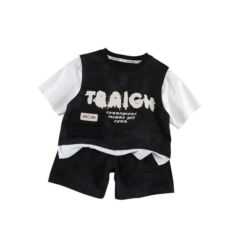 Boys' Outfit 2026 New Children's Clothing Summer Thin Style Baby Patchwork Short Sleeve Two-Piece Set Trendy and Cool