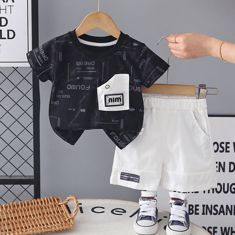 Boys' button pocket short-sleeve suit 2026 new style baby outfit infant children's clothing toddler summer clothes trendy