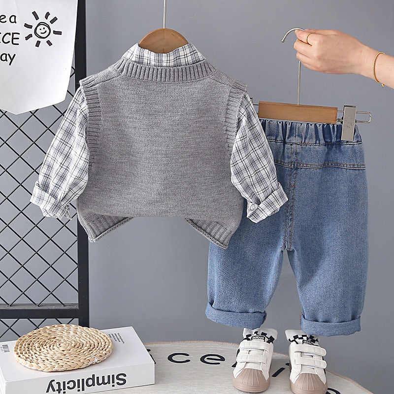 Boys' Outfit 2026 New Style Infant Children's Spring Autumn Puppy Sweater Vest Three-Piece Set Cute and Trendy for Baby Boys