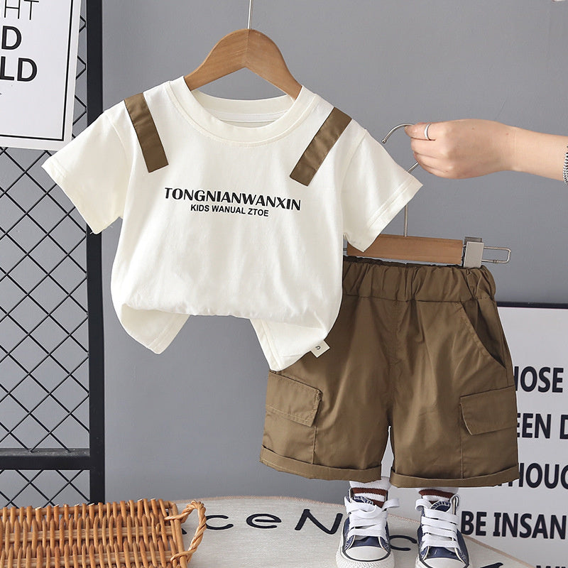 Boys' Short-Sleeve Outfit 2026 New Fashionable Fake Backpack Two-Piece Set Summer Children's Sportswear Trendy