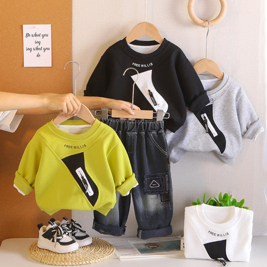 Boys' Spring and Autumn Zipper Pocket Long Sleeve Sweatshirt Two-Piece Set Baby Clothes 1-5 Years Old New Infant Casual Outfit 2
