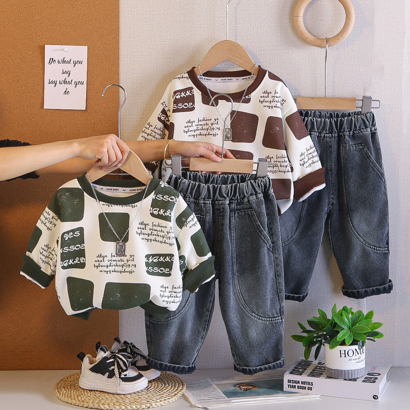 Baby Korean-style autumn sweatshirt set, stylish cool spring-autumn clothing for boys, infant and toddler two-piece trendy outfit