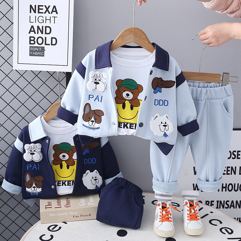 Foreign Trade Factory Direct Children's Clothing 1-3 Years Old Cartoon Baseball Jacket 2025 New Spring and Autumn Three-Piece Set Hot Sale