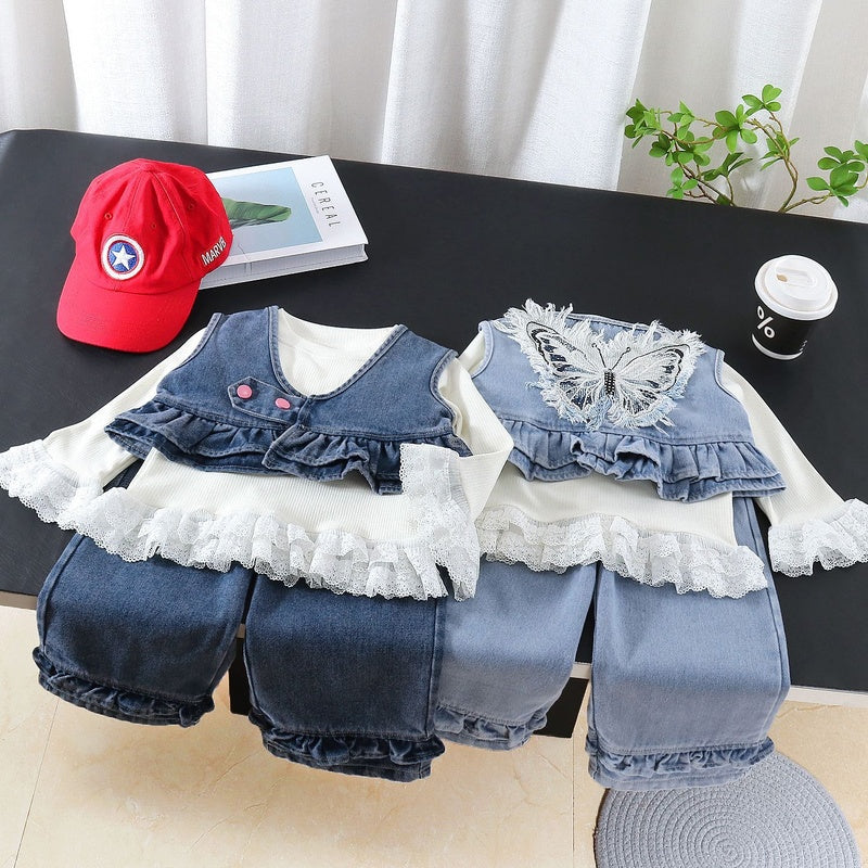 Girls' Outfit 2026 New Children's and Autumn Denim Suit with Large Bow on the Back Baby Girls, Korean Style for Spring