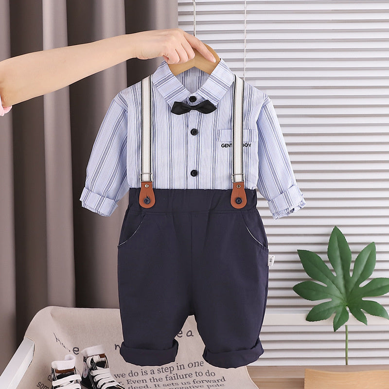 Children's Long-Sleeve Vertical Stripe Shirt Overalls Set 2026 New Style Boys' Spring and Autumn Casual Two-Piece Outfit
