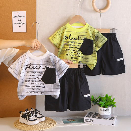 Boys' Outfit 2026 New Fashionable Two-Piece Set Baby Summer Striped Letter Pocket Short Sleeve Infant Trendy Clothing