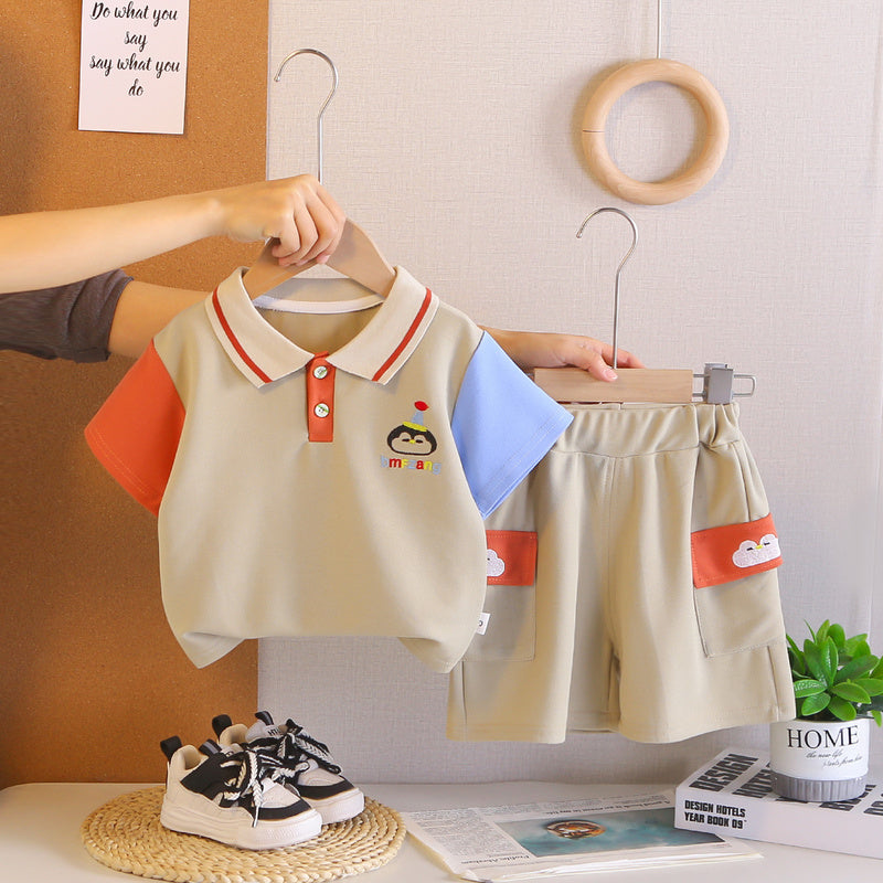Boys' Outfit 2026 New Summer Short-Sleeve Casual Baby Boy Color-Block Penguin Two-Piece Set Children's Clothing