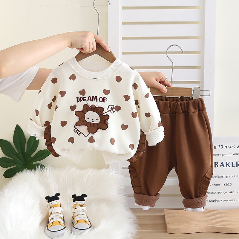 Girls' Outfit 2025 New Stylish Full Print Heart Round Neck Two-Piece Set Baby Spring Autumn Sweatshirt Children's Trendy