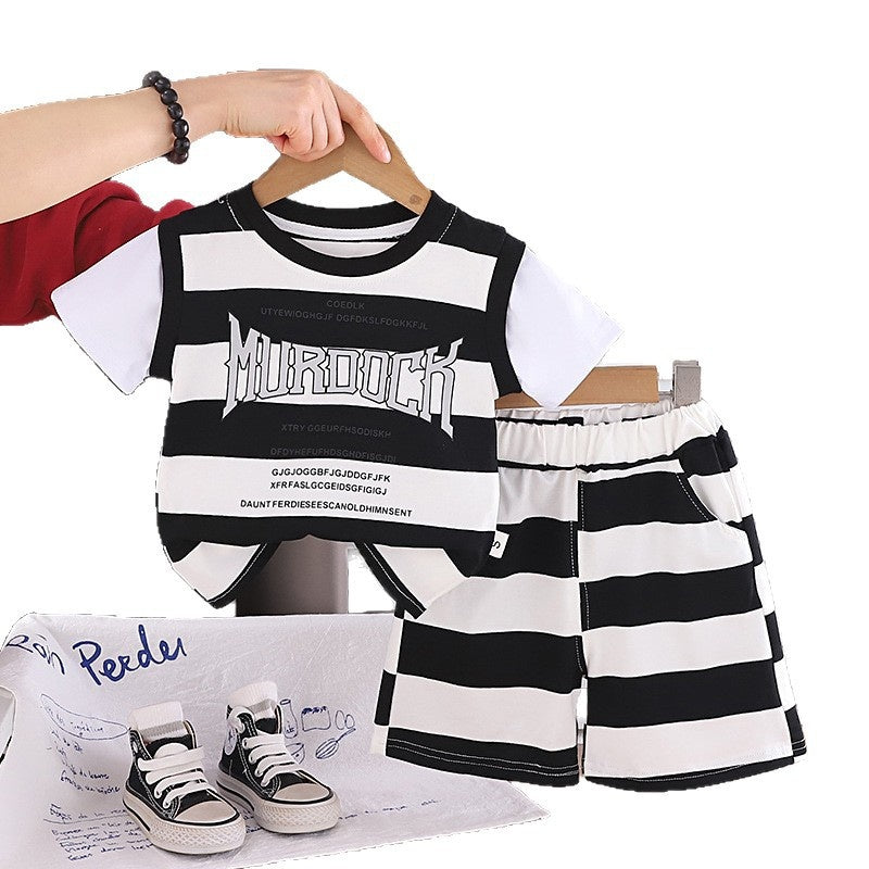 Boys' Outfit: Wide-Striped Letter Print Short-Sleeve Two-Piece Set, 2026 New Fashionable Baby Summer Thin Clothing Trend
