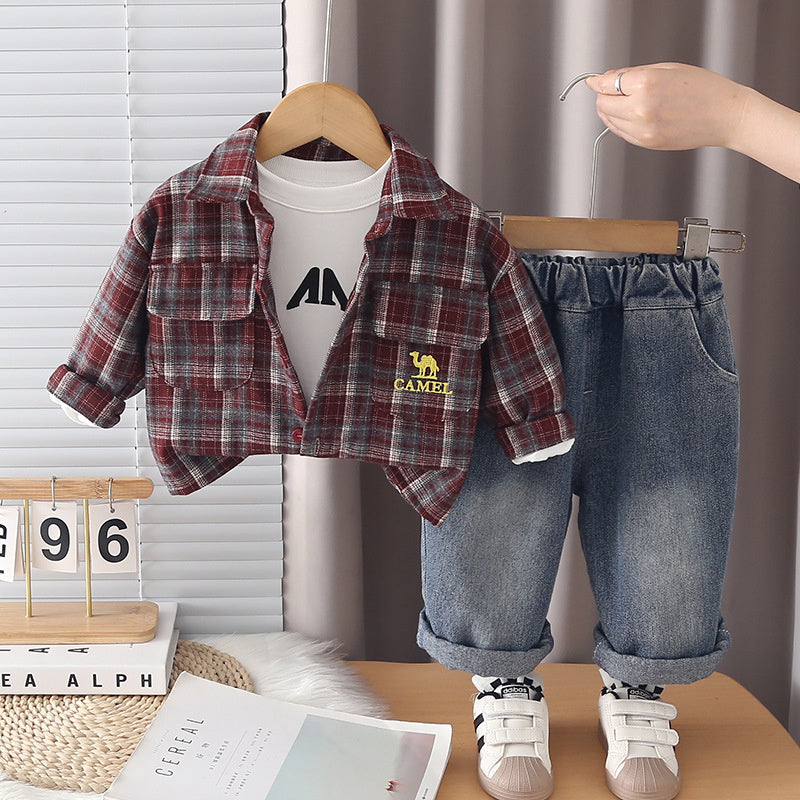 Boys' Suit 2026 New Style Children's Spring and Fashionable Baby Autumn Plaid Embroidered Jacket Three-Piece Set