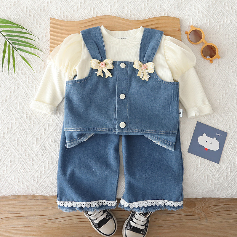 Girls' Spring and Autumn Outfit 2026 New Fashionable Infant Children's Clothing Baby Casual Denim Vest Three-Piece Set Trendy