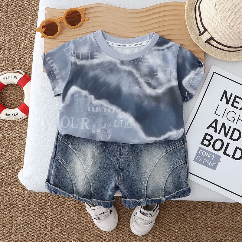 Boys' outfit, Korean style clothing for ages 1-5, casual and stylish summer wear, color-blocked short-sleeve two-piece set, T-shirt