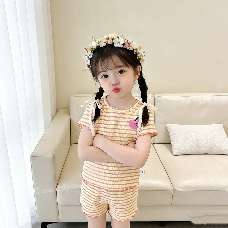 2026 Baby Thin Soft Striped Short Sleeve T-shirt and Elastic Waist Shorts Set Children's Summer Two-Piece Outfit