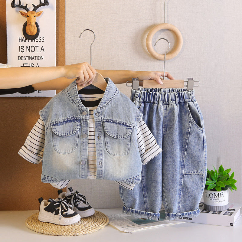 Boy's Trendy Stylish Striped Denim Vest Set 2026 New Model Infant Baby Children's Clothing Boys' Spring and Autumn Outfit