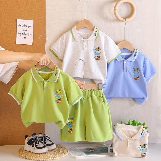Boys' Outfit 2026 New Style Baby Children's Summer Clothes Stylish Three Little Dogs Polo Short Sleeve Two-Piece Set Trendy