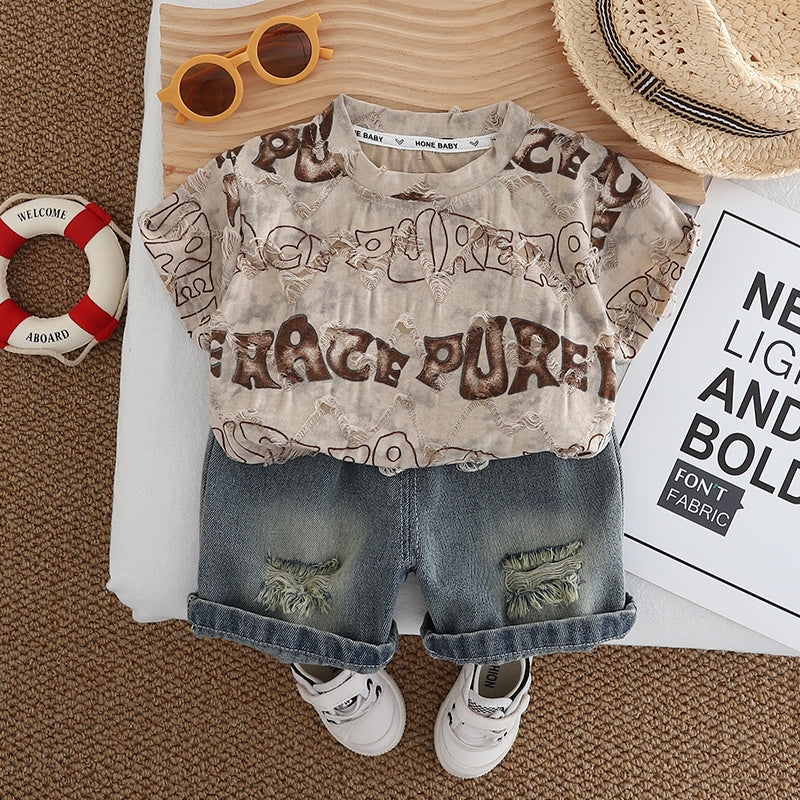 2025 Trendy Clothes Baby Outfit Boys Summer New Style Two-Piece Set English Ripped Short Sleeve Toddler