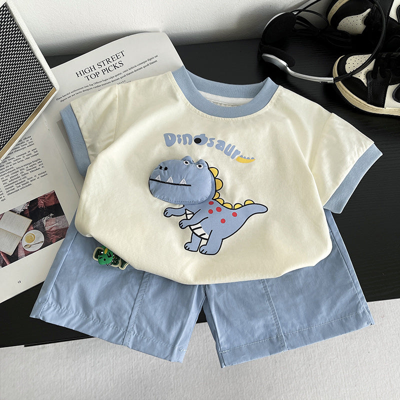 Boys' Outfit Dinosaur Round Neck Short Sleeve New Fashionable Summer Two-Piece Set for Baby Boys with Shorts