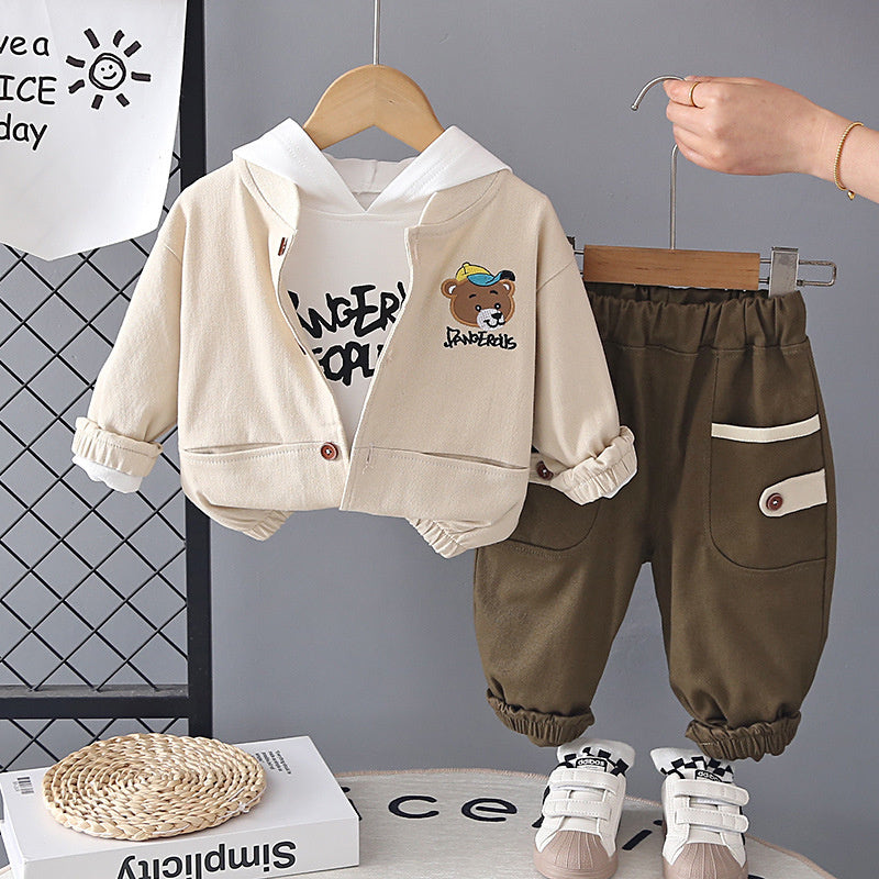Children's Outfit Boys, Spring Clothing for 1-2-3 Year Olds, Toddler Autumn Outfit, Boy's Bear Hat Set, Baby Three-Piece Trendy Set
