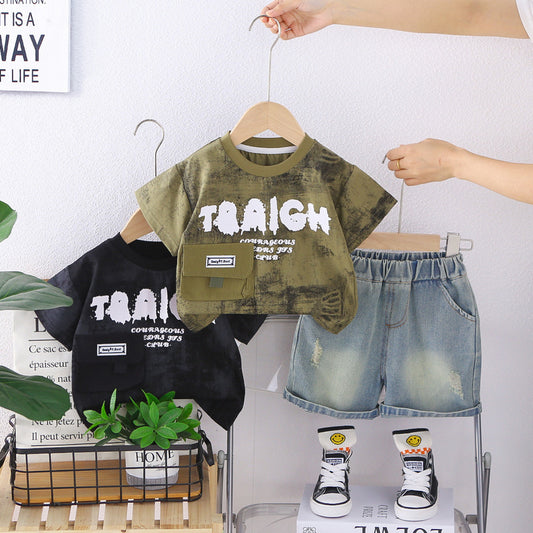Boys' Outfit 2026 New Korean Style Cargo Pocket Round Neck Short Sleeve Children's Summer Casual Two-Piece Set