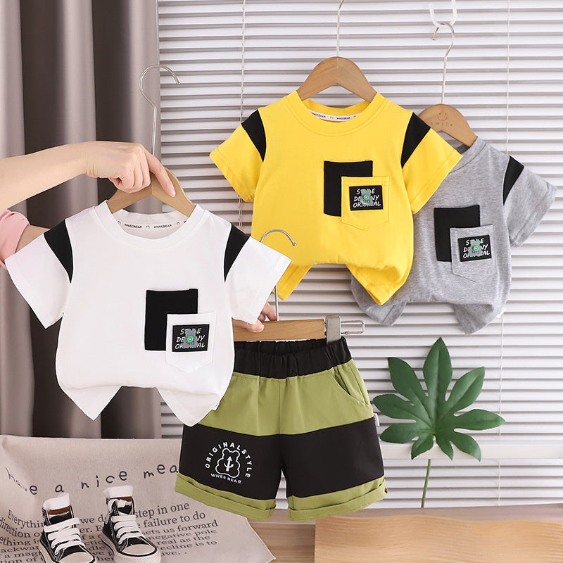Boys' Outfit 2026 New Children's Clothing Summer Double Pocket Patchwork Bear Short Sleeve Two-Piece Set Baby Trendy