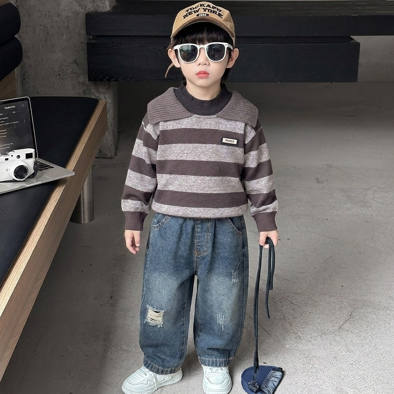 Boys' Outfit 2026 New Style Children's Turn-down Collar Wide Stripe Sweatshirt Two-piece Set Baby Spring and Autumn Casual Trend