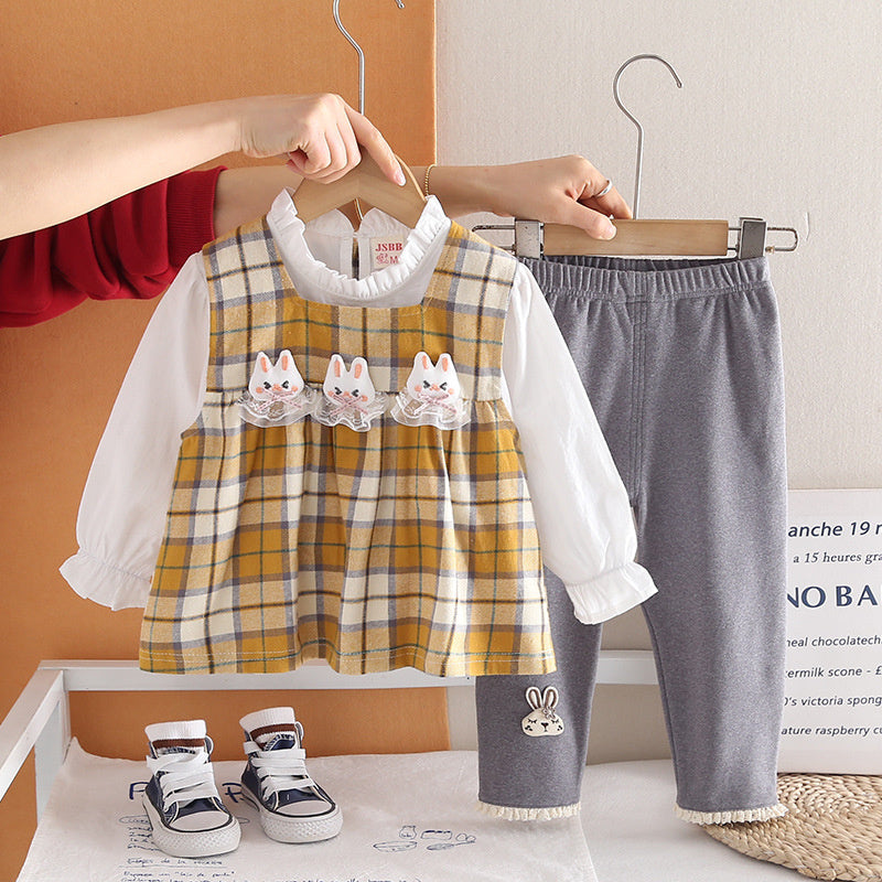 Girls' Spring Outfit 2026 New Fashionable Children's Plaid Rabbit Head Vest Three-Piece Set for 1-3 Year Old Babies