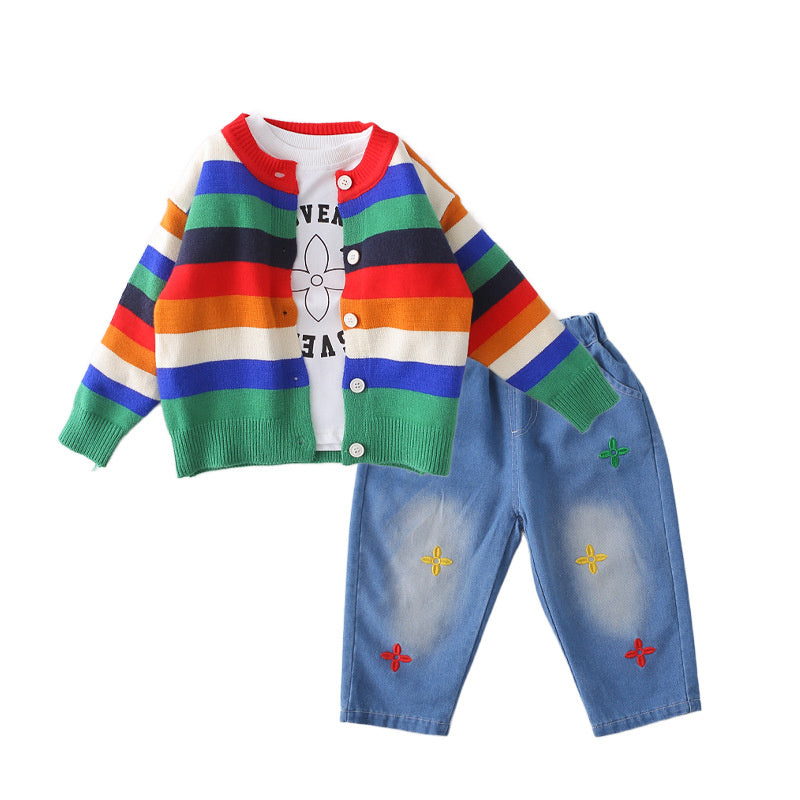 Boys' Spring Outfit 2026 New Fashionable Baby Spring/Autumn Stylish Rainbow Sweater Cardigan Three-Piece Trendy Set