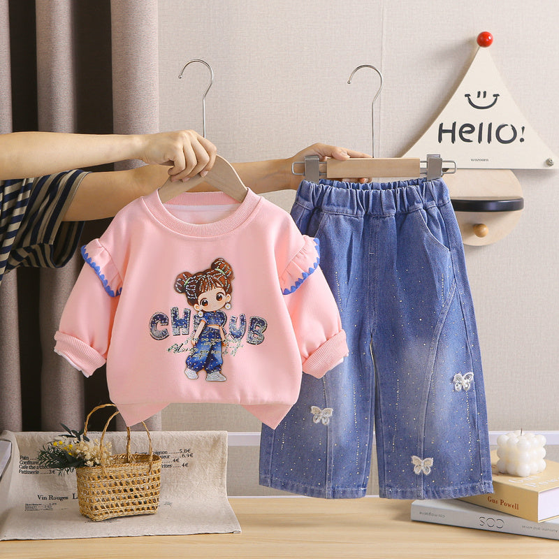 Girls' Fashionable Outfit Children's Korean Style Casual Sweatshirt Two-Piece Set, Baby Girl Cartoon Clothes for Spring and Autumn