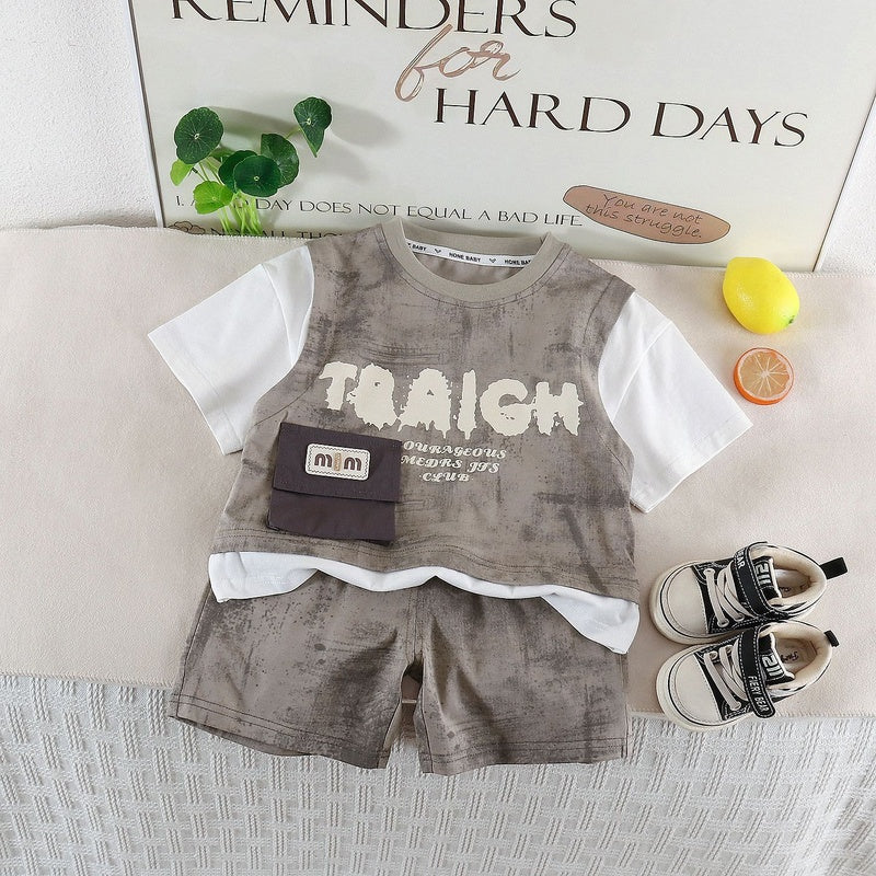 Boys' Outfit 2026 New Children's Clothing Summer Thin Style Baby Patchwork Short Sleeve Two-Piece Set Trendy and Cool