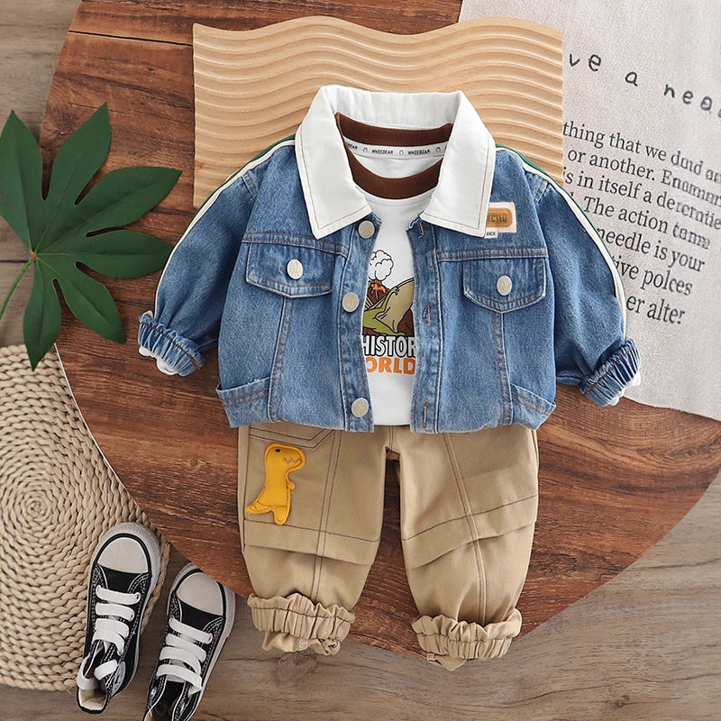 Boys 2025 New Outfit Baby Spring and Autumn Ribbon Denim Three-Piece Set Children's Stylish Long Sleeve Clothes