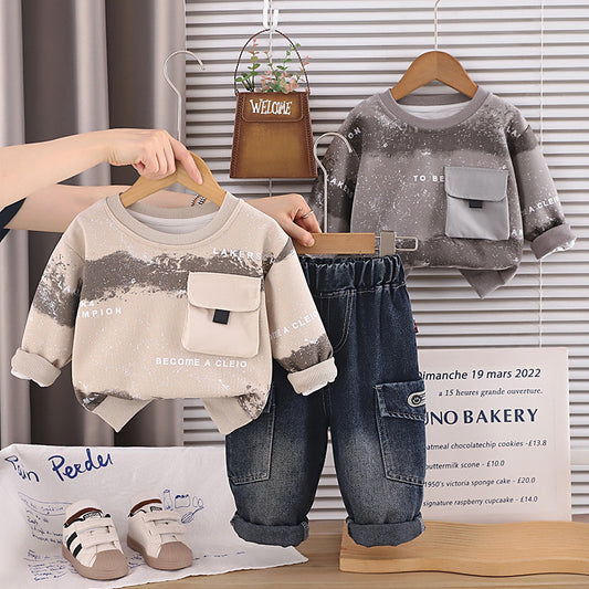 Boys' Spring and Autumn Outfit 2026 New Fashionable Tie-Dye Large Pocket Sweatshirt Korean Style Casual Two-Piece Set